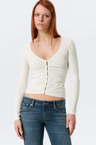 Cárdigan con fruncidos y cuello en V de Belle B – Blanco