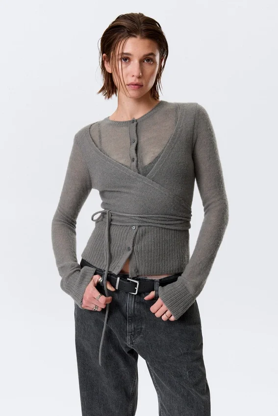 Cárdigan cruzado con botones de mezcla de lana – Gris Cárdigan cruzado con botones de mezcla de lana – Gris