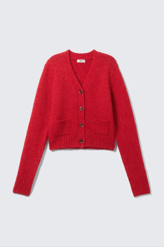 Cárdigan de cuello en V con canalé – Rojo brillante Cárdigan de cuello en V con canalé – Rojo brillante