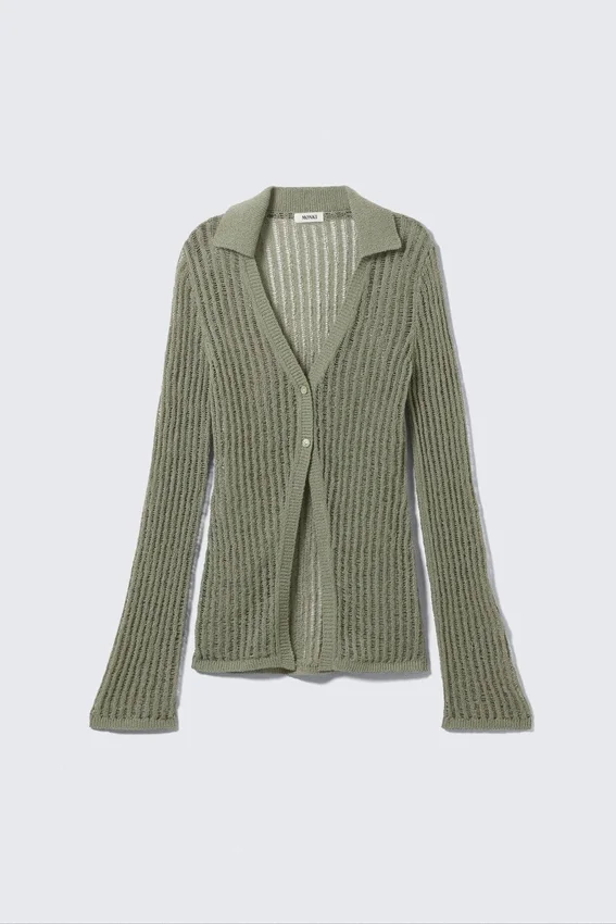 Cárdigan de cuello en V de punto abierto – Verde caqui Cárdigan de cuello en V de punto abierto – Verde caqui