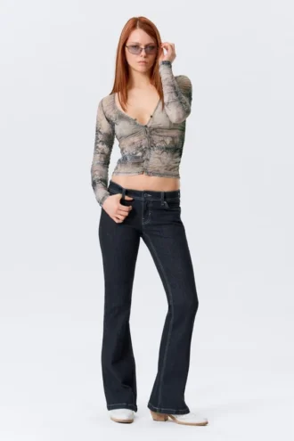 Cárdigan de malla ajustado con fruncidos y manga larga – Beige/Gris – Estampado de piel de serpiente