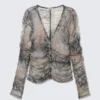 Cárdigan de malla ajustado con fruncidos y manga larga – Beige/Gris – Estampado de piel de serpiente Cárdigan de malla ajustado con fruncidos y manga larga – Beige/Gris – Estampado de piel de serpiente
