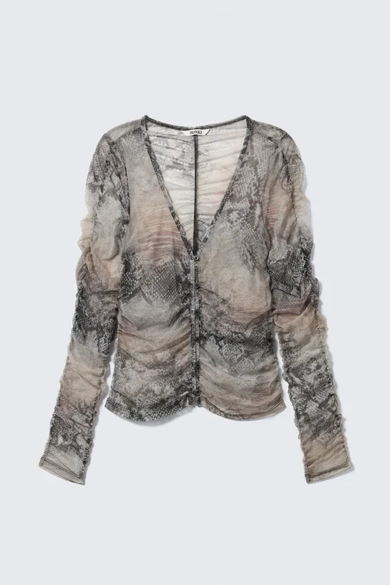 Cárdigan de malla ajustado con fruncidos y manga larga – Beige/Gris – Estampado de piel de serpiente Cárdigan de malla ajustado con fruncidos y manga larga – Beige/Gris – Estampado de piel de serpiente