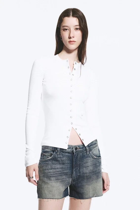 Cárdigan de manga larga acanalado – Blanco Cárdigan de manga larga acanalado – Blanco