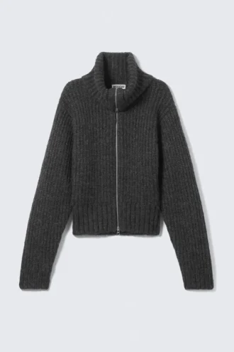 Cárdigan de punto acanalado con cremallera – Gris oscuro jaspeado