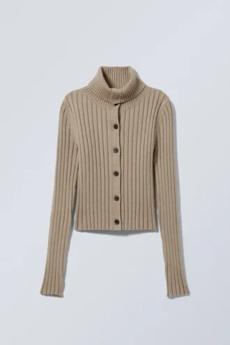 Cárdigan de punto ajustado con cuello alto – Beige empolvado Cárdigan de punto ajustado con cuello alto – Beige empolvado