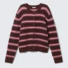 Cárdigan de punto cepillado con botones – Rayas en rojo oscuro y rosa Cárdigan de punto cepillado con botones – Rayas en rojo oscuro y rosa