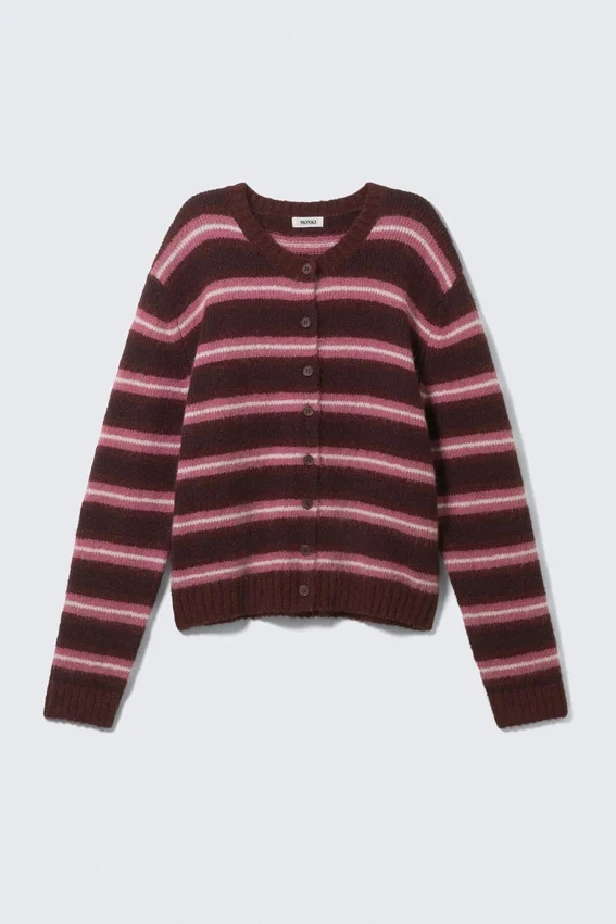 Cárdigan de punto cepillado con botones – Rayas en rojo oscuro y rosa Cárdigan de punto cepillado con botones – Rayas en rojo oscuro y rosa