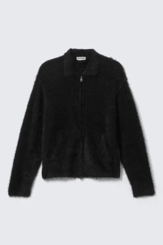 Cárdigan de punto con cremallera y pelo – Negro