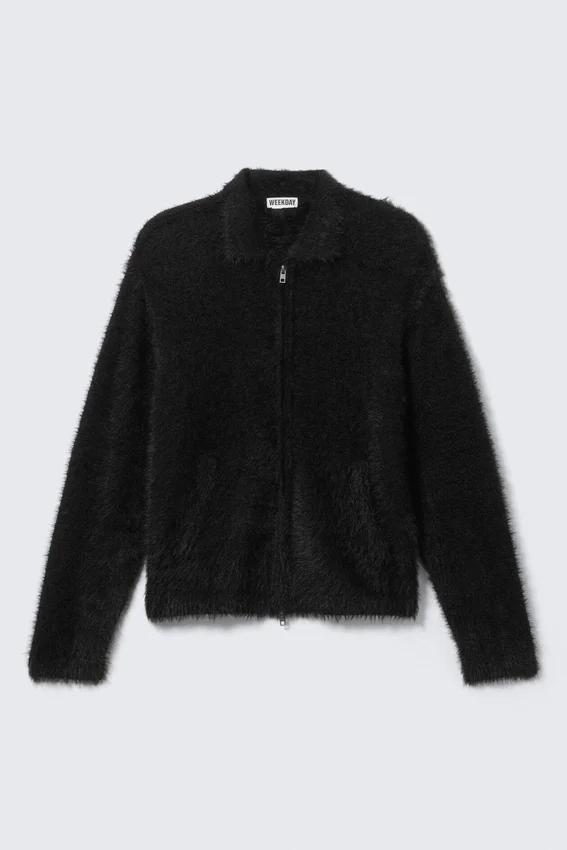 Cárdigan de punto con cremallera y pelo – Negro Cárdigan de punto con cremallera y pelo – Negro