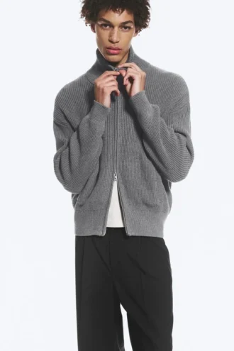 Cárdigan de punto con cuello alto y cremallera, de corte holgado – Gris claro empolvado