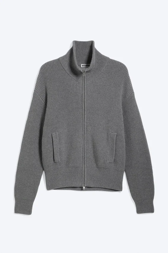 Cárdigan de punto con cuello alto y cremallera, de corte holgado – Gris claro empolvado Cárdigan de punto con cuello alto y cremallera, de corte holgado – Gris claro empolvado