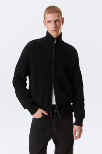 Cárdigan de punto con cuello alto y cremallera de corte holgado – Negro