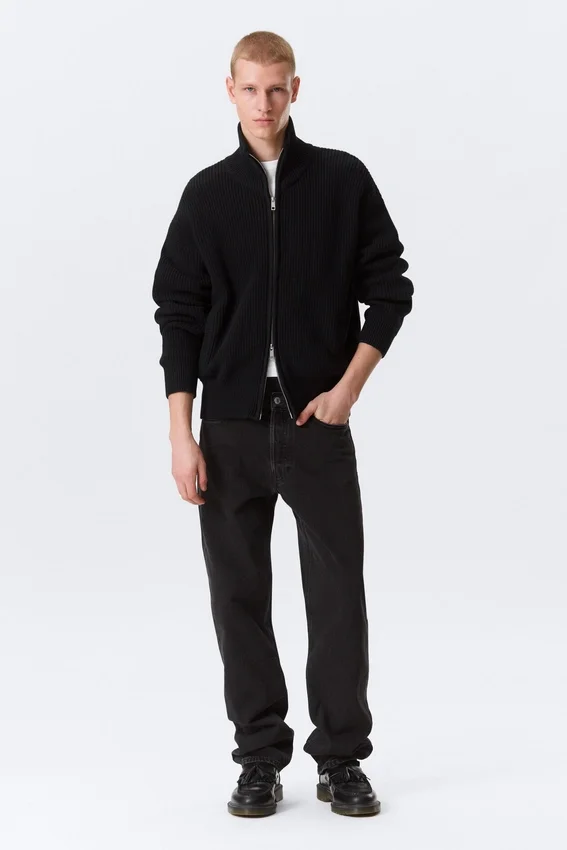 Cárdigan de punto con cuello alto y cremallera de corte holgado – Negro Cárdigan de punto con cuello alto y cremallera de corte holgado – Negro