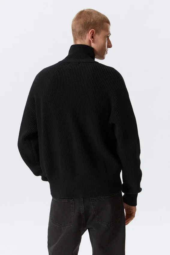 Cárdigan de punto con cuello alto y cremallera de corte holgado – Negro Cárdigan de punto con cuello alto y cremallera de corte holgado – Negro