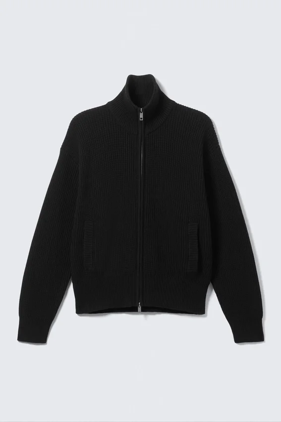 Cárdigan de punto con cuello alto y cremallera de corte holgado – Negro Cárdigan de punto con cuello alto y cremallera de corte holgado – Negro