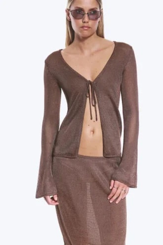 Cárdigan de punto con cuello en V – Marrón