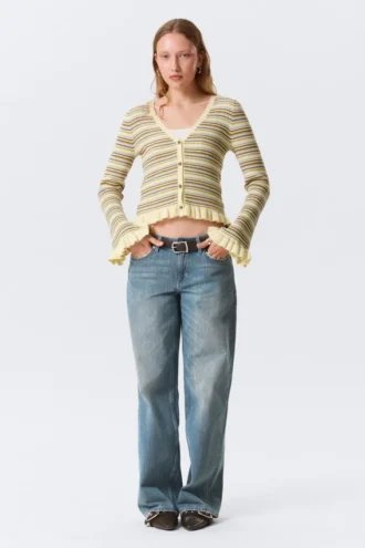 Cárdigan de punto con cuello en V – Rayas amarillo claro