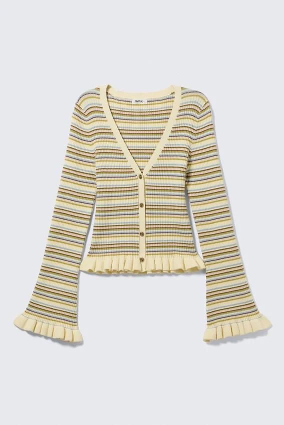 Cárdigan de punto con cuello en V – Rayas amarillo claro Cárdigan de punto con cuello en V – Rayas amarillo claro