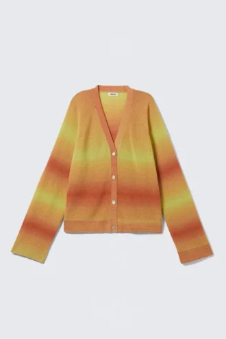 Cárdigan de punto con cuello en V y degradado – Naranja y amarillo difuminado