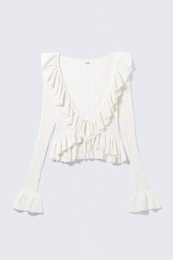 Cárdigan de punto con volantes y cuello en V de Yulia B – Blanco Cárdigan de punto con volantes y cuello en V de Yulia B – Blanco