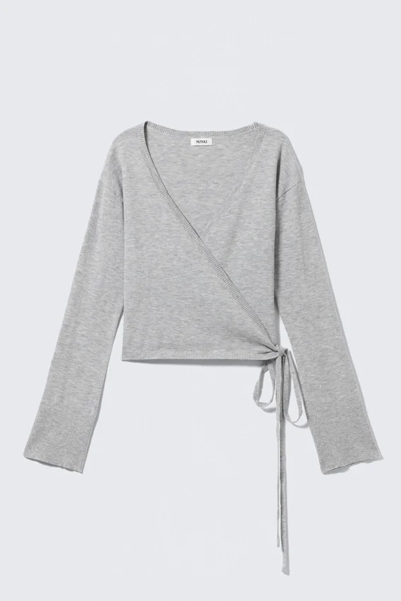 Cárdigan de punto cruzado con cuello en V – Gris jaspeado Cárdigan de punto cruzado con cuello en V – Gris jaspeado