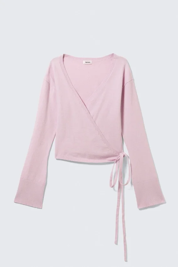 Cárdigan de punto cruzado con cuello en V – Rosa claro Cárdigan de punto cruzado con cuello en V – Rosa claro
