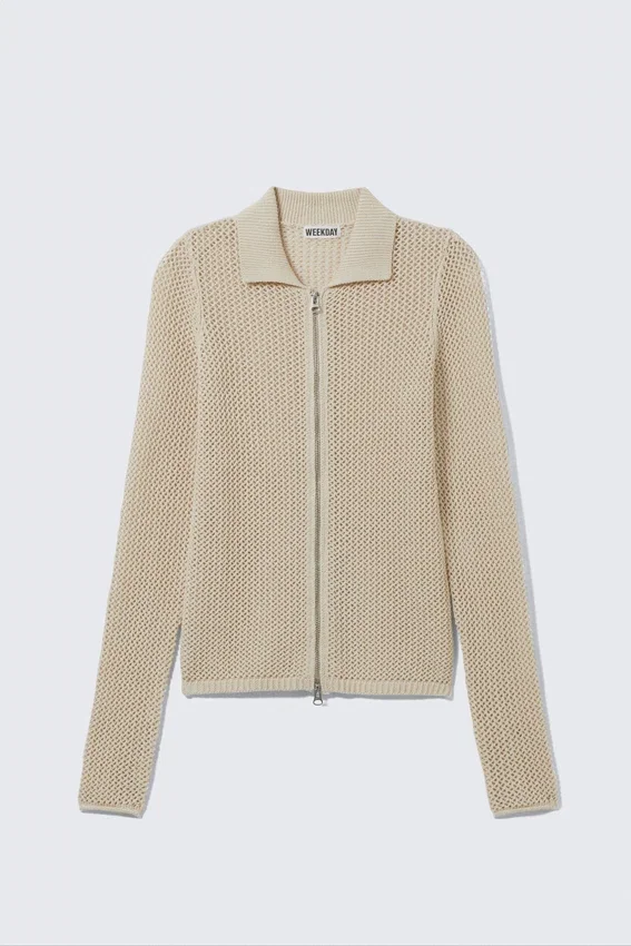 Cárdigan de punto de algodón con cremallera – Beige claro Cárdigan de punto de algodón con cremallera – Beige claro
