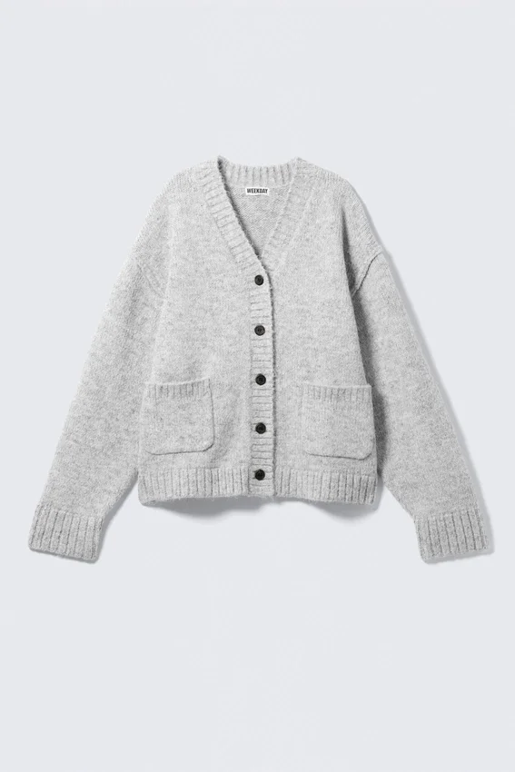 Cárdigan de punto de corte holgado con cuello en V – Gris jaspeado Cárdigan de punto de corte holgado con cuello en V – Gris jaspeado