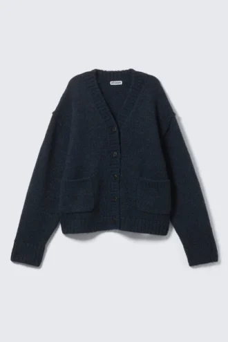 Cárdigan de punto holgado con cuello en V – Azul oscuro