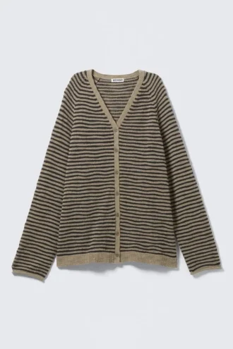 Cárdigan de punto holgado con cuello en V – Beige – Rayas negras