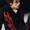 Cárdigan de punto holgado con estampados – Negro – Llamas rojas Cárdigan de punto holgado con estampados – Negro – Llamas rojas