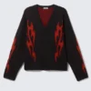 Cárdigan de punto holgado con estampados – Negro – Llamas rojas Cárdigan de punto holgado con estampados – Negro – Llamas rojas