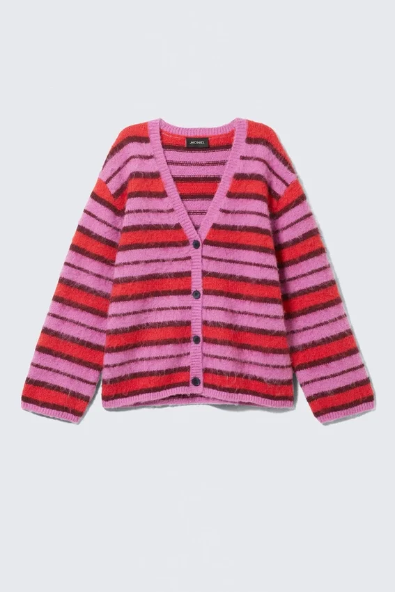 Cárdigan de punto mullido – Rayas rosa y rojo Cárdigan de punto mullido – Rayas rosa y rojo