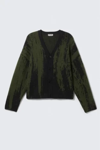 Cárdigan de punto recto con estampados – Negro/Verde caqui oscuro