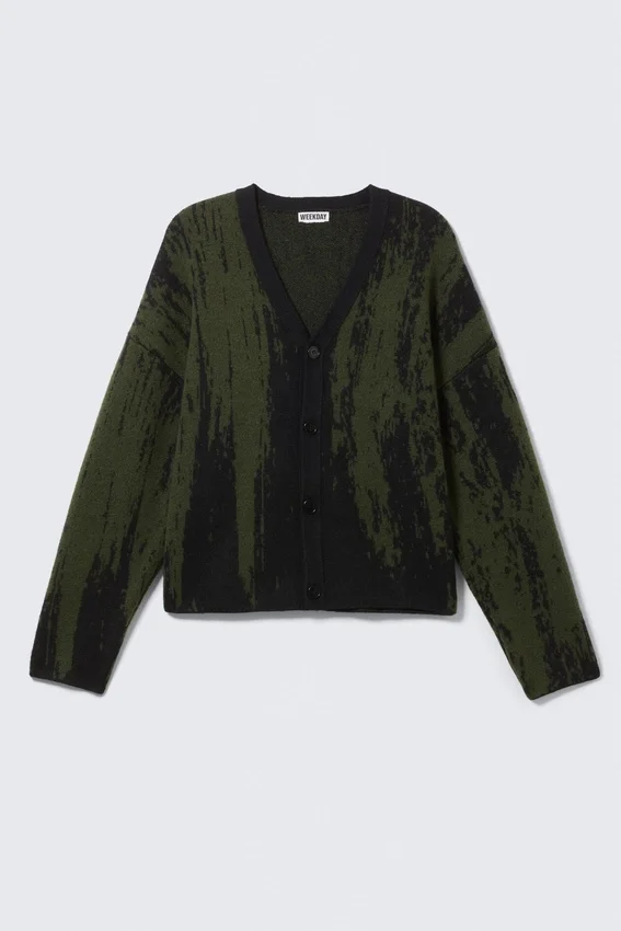 Cárdigan de punto recto con estampados – Negro/Verde caqui oscuro Cárdigan de punto recto con estampados – Negro/Verde caqui oscuro
