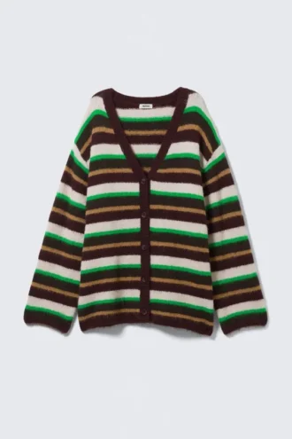 Cárdigan de punto suave con cuello en V – Rayas ciruela/verde/beige
