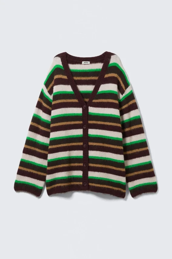Cárdigan de punto suave con cuello en V – Rayas ciruela/verde/beige Cárdigan de punto suave con cuello en V – Rayas ciruela/verde/beige