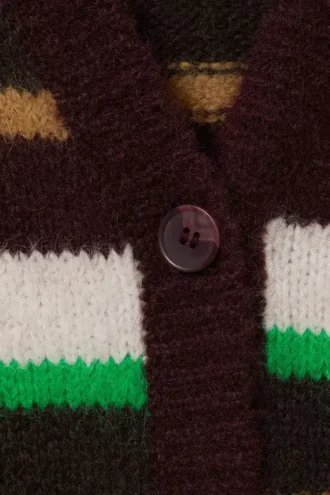 Cárdigan de punto suave con cuello en V – Rayas ciruela/verde/beige