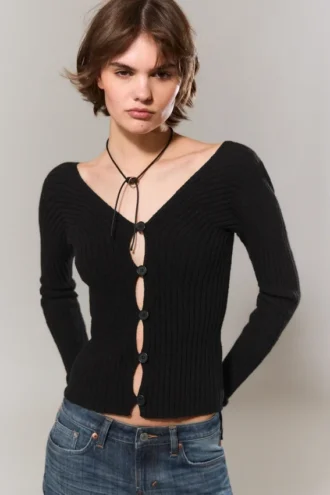 Cárdigan de punto tupido con cuello en V – Negro