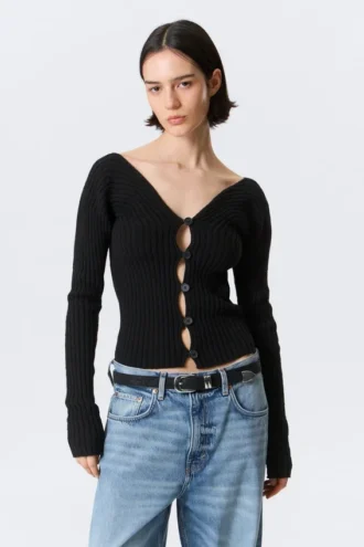 Cárdigan de punto tupido con cuello en V – Negro