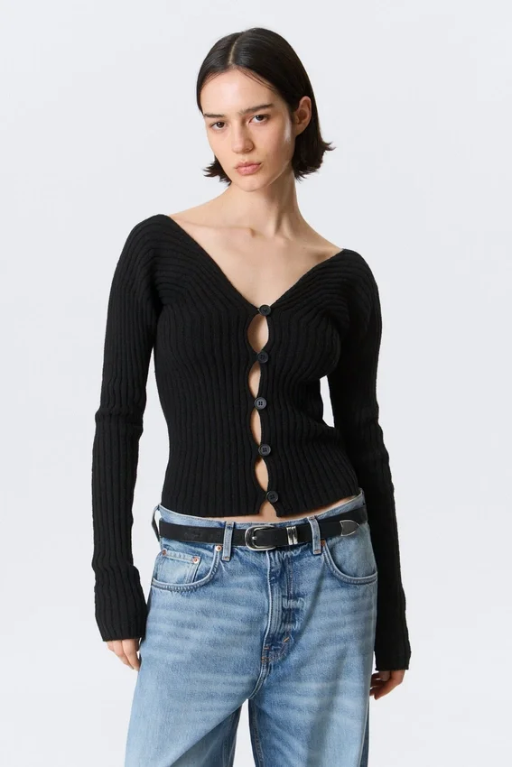 Cárdigan de punto tupido con cuello en V – Negro Cárdigan de punto tupido con cuello en V – Negro