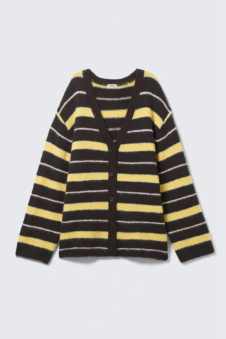 Cárdigan de rayas con cuello en V – Rayas marrón oscuro y amarillo