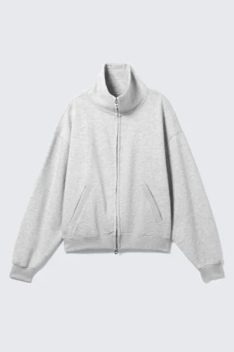 Cárdigan holgado con cuello de embudo y cremallera – Gris jaspeado