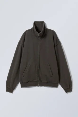 Cárdigan holgado con cuello de embudo y cremallera – Gris oscuro lavado