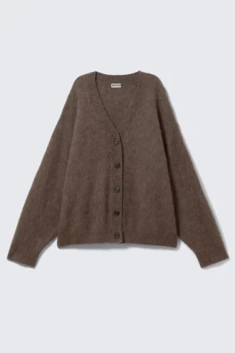 Cárdigan holgado de mezcla de mohair con cuello en V – Marrón oscuro jaspeado