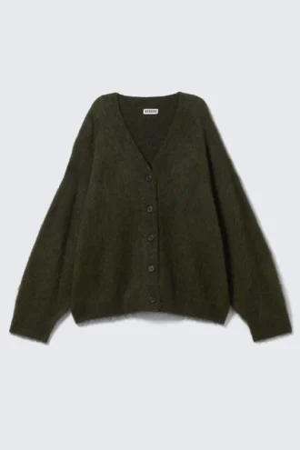 Cárdigan holgado de mezcla de mohair con cuello en V – Verde oscuro