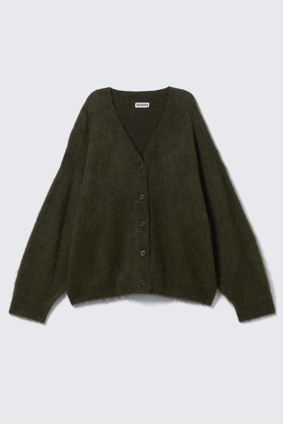 Cárdigan holgado de mezcla de mohair con cuello en V – Verde oscuro Cárdigan holgado de mezcla de mohair con cuello en V – Verde oscuro