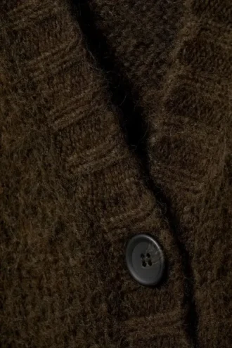 Cárdigan largo de punto con cuello en V – Marrón oscuro