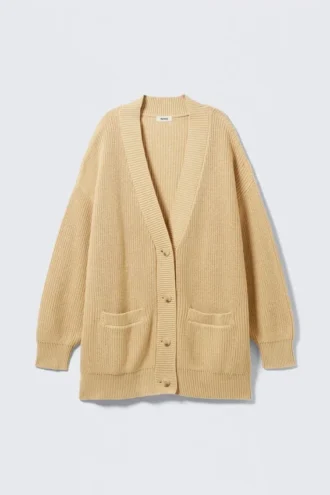 Cárdigan oversize de punto de algodón con cuello en V – Beige